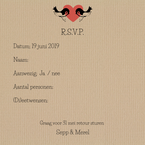 Mooie rsvp-kaart met leuke vogeltjes op kraftpapier
