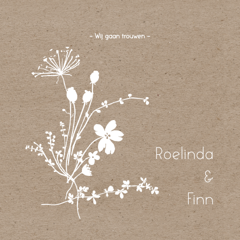 Mooie silhouet trouwkaart met silhouet van bloemen en kraft-look