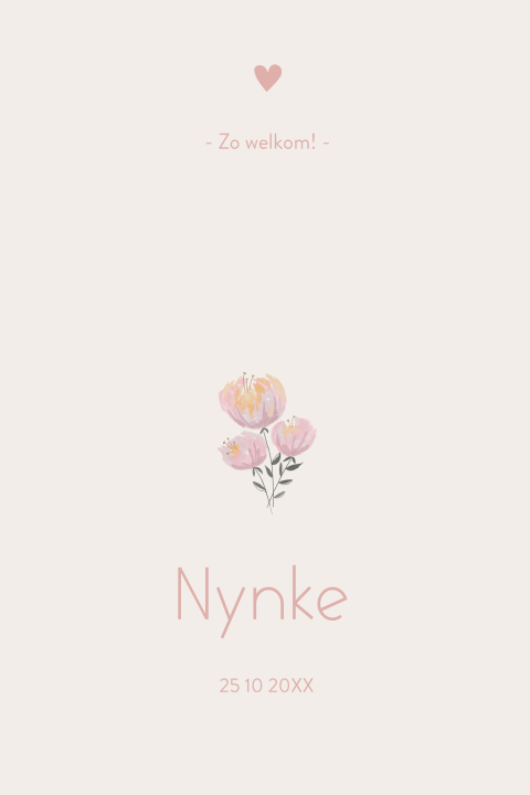 Lieve geboortekaart met handgetekende bloemetjes