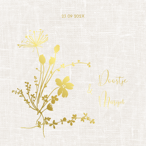 Stijlvolle goudfolie trouwkaart met bloemen silhouet