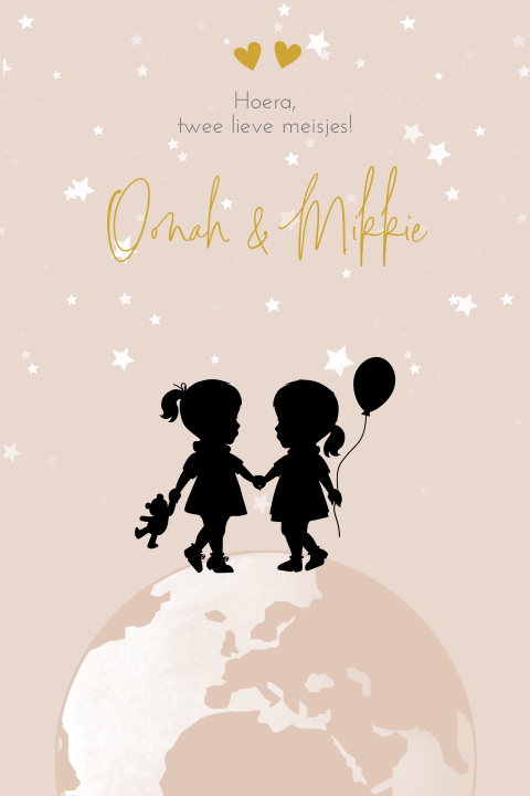 Mooie tweelingkaart met silhouetten van twee meisjes
