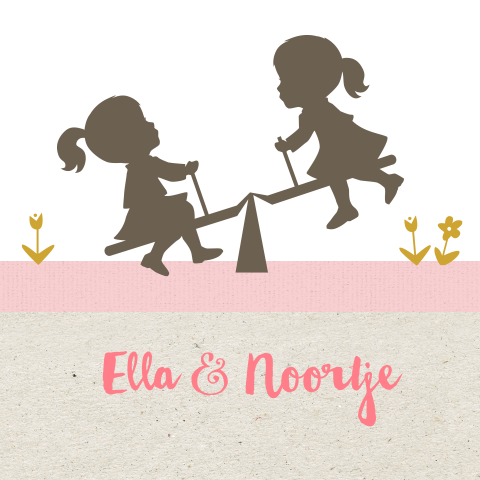 Lieve tweelingkaart met leuke silhouet meisjes op wip