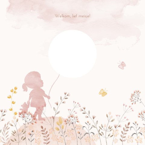 Lief geboortekaartje met waterverf silhouet doorkijkje en veldbloemen