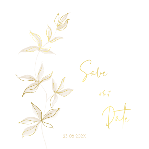 Prachtige save-the-date kaart met goudfolie en waterverf takje