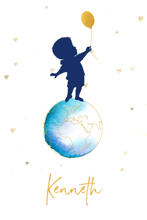 Geboortekaartje met silhouet van jongen op wereldbol