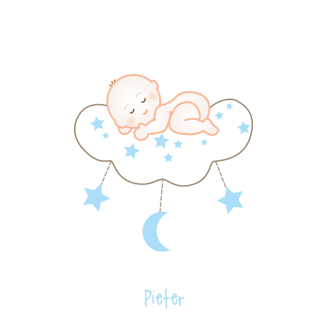 Mooi rouwkaartje voor baby en kind met rustende baby op wolk