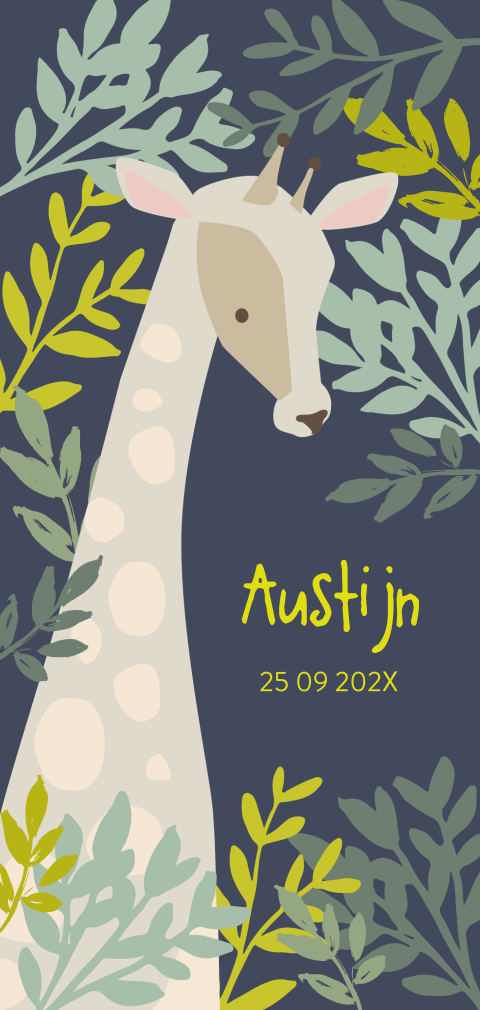 Hip geboortekaartje met leuke giraf in jungle