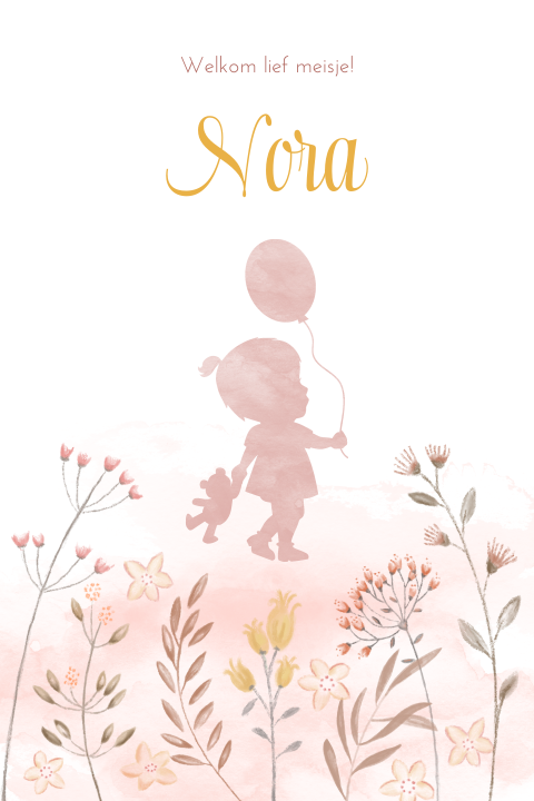 Schattig geboortekaartje waterverf silhouet en bloemen