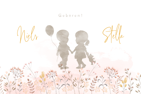 Tweelingkaart silhouetten broertje en zusje bloemen en waterverf