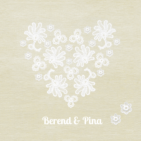 Trouwkaart met linnen achtergrond en kanten hart en kanten bloemetje