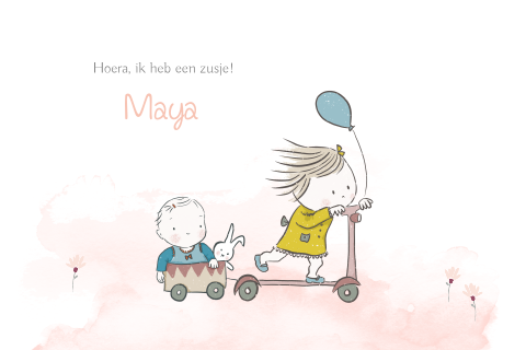Lief getekend geboortekaartje met zusjes op de step