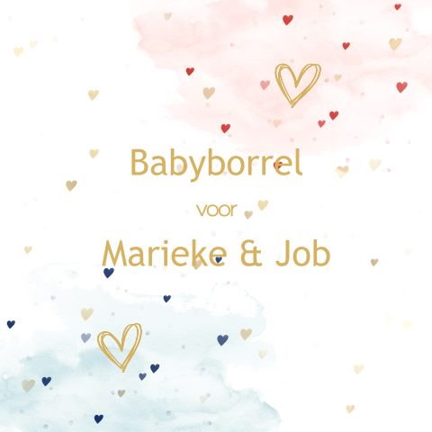 Mooie kraamkaart met kleine goudkleurige hartjes en waterverf