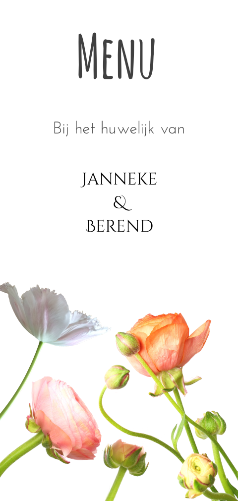 Staande moderne menukaart enkel met bloemen voor diner