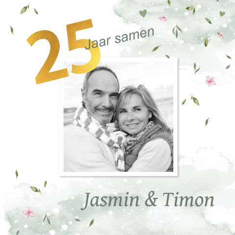 Jubileumkaart met foto en botanische elementen