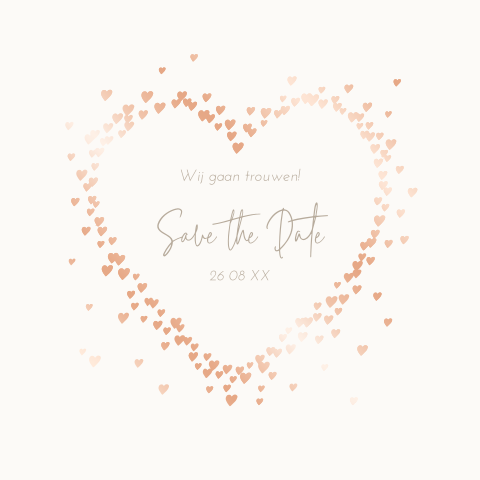 Save the date kaart met rosé foliedruk hartjes in hartvorm