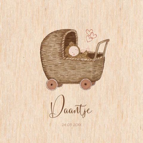 Echt houten geboortekaartje met baby in wiegje