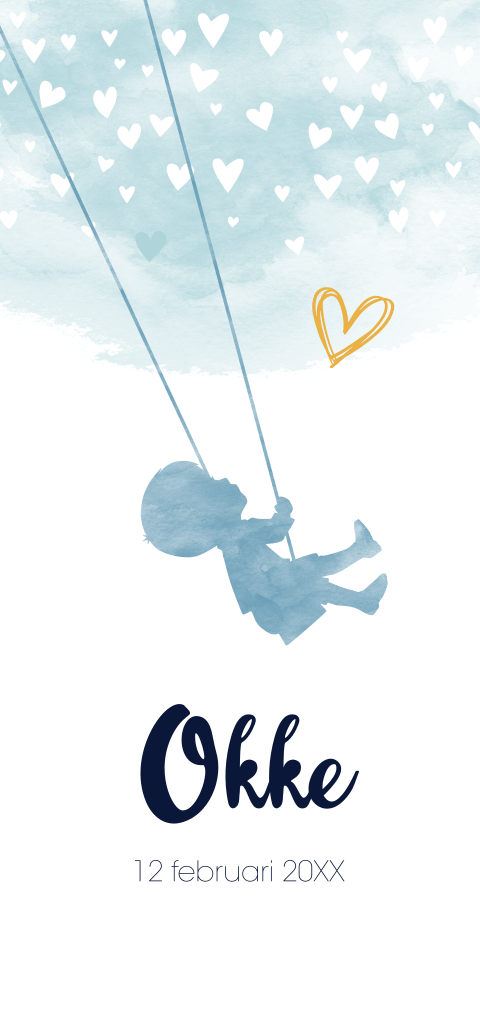 geboortekaart hartjes, silhouet schommel aquarel