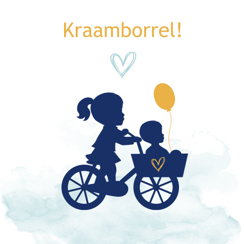 Mooie kraamkaart met broertje en zusje op de fiets waterverf