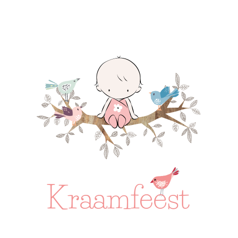 Vrolijke kraamborrel kaart met baby op takje en leuke vogels