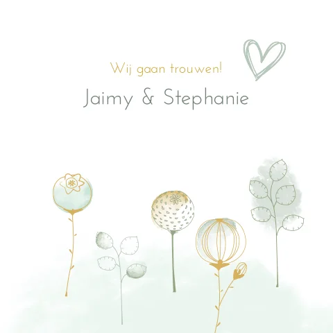 Mooie trouwkaart met getekende takjes en bloemen