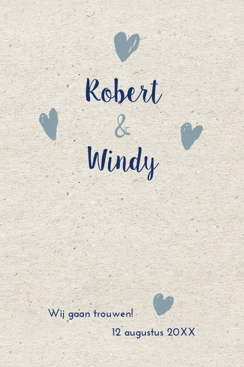 Stoere trouwkaart met kraft en hartjes