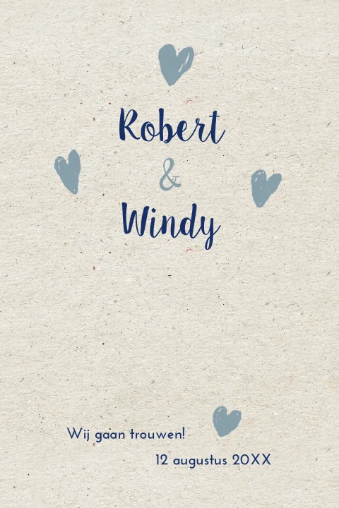 Stoere trouwkaart met kraft en hartjes