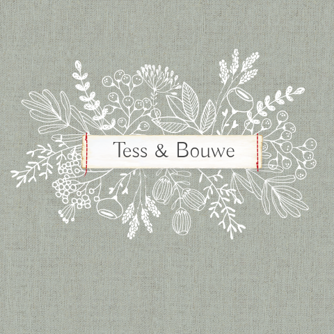 mooie stijlvolle trouwkaart met bloemen in lijnen op linnen