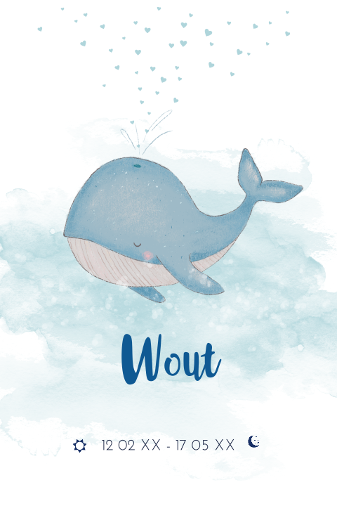 Rouwkaartje met kleine walvis en waterverf