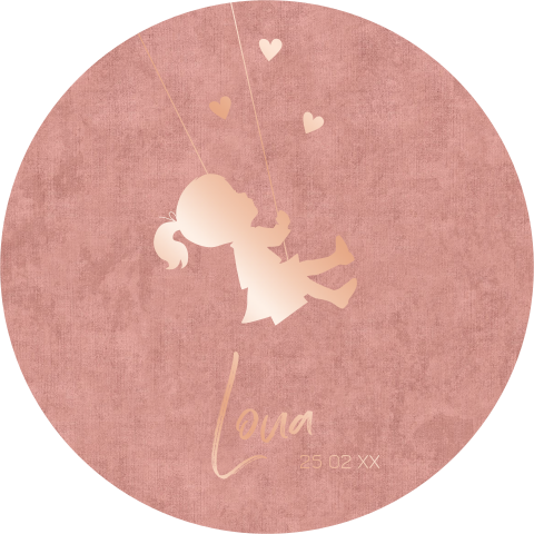 Ronde geboortekaart met goudfolie meisje op schommel