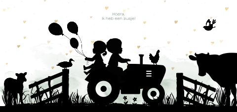 Silhouet geboortekaartje met tractor en boerderijdieren