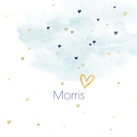 lief geboortekaartje met kleine goudkleurige hartjes en waterverf