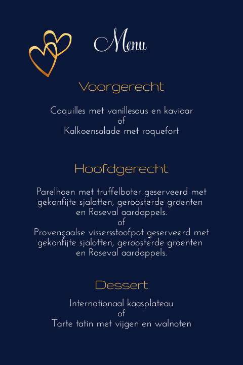 Stoere menukaart met goudkleurige hartjes