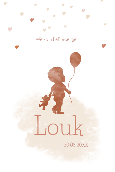 Lief silhouet geboortekaartje met waterverf jongetje en hartjes
