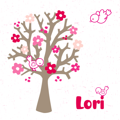 Vrolijke geboortekaart Lori met boom bloemetjes en lieve vogeltjes