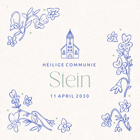 Blauw uitnodiging communie met lijntekening bloemen