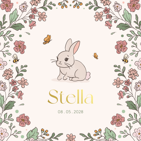 Lief geboortekaartje meisje met konijn, bloemen en foliedruk