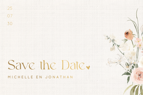 Romantische Save the Date kaart in linnenlook met bloemen en matgoudfolie