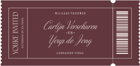 Ticket uitnodiging bruiloft in bordeaux met stijlvolle typografie