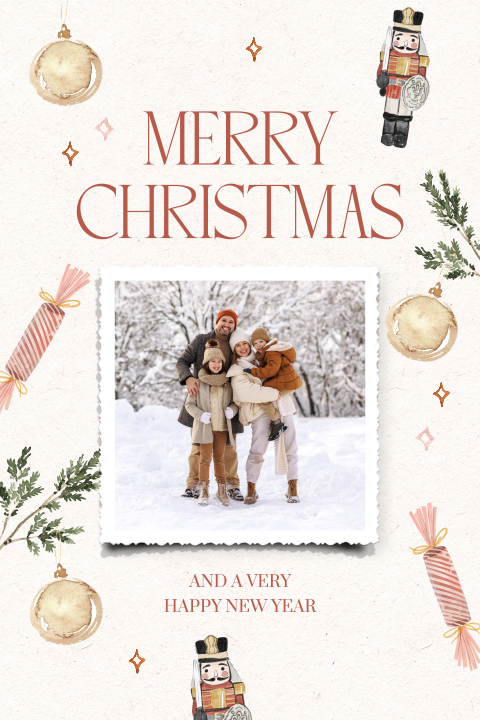 Kerstkaart met speelse kerstillustraties en foto