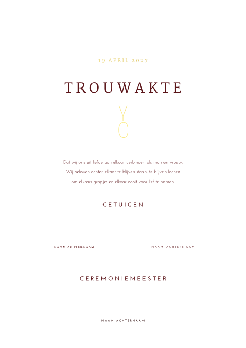 Stijlvolle trouwakte voor huwelijksceremonie met monogram