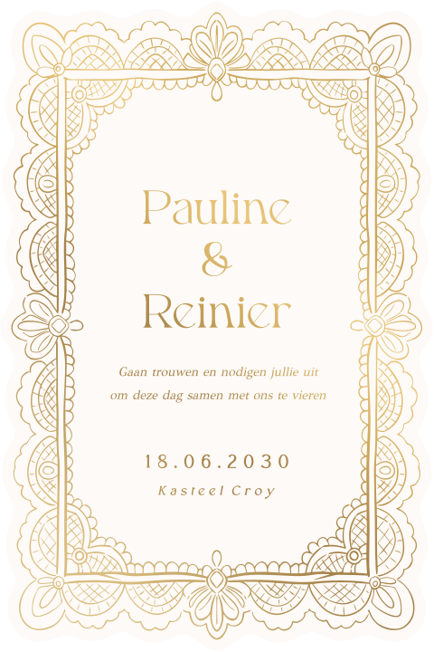 Vintage trouwkaart met kanten frame en mat goudfolie