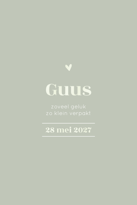 Klassiek geboortekaartje met lichtgroene hoogglans hartje en naam