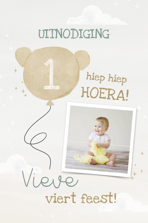 Uitnodiging kinderfeestje 1 jaar met foto en ballon