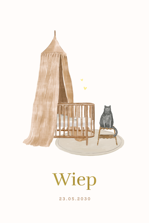 Lief geboortekaartje met illustratie van wiegje met kat en goudfolie