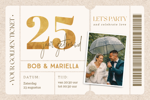Ticketuitnodiging 25-jarig huwelijksfeest met foto en goudkleurige cijfers