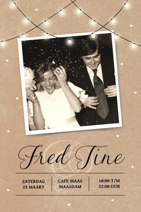 Uitnodiging 40e huwelijksjubileum met kraft lampjes en foto