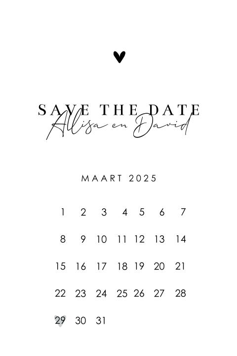 Kalligrafische Save the Date kaart met kalender