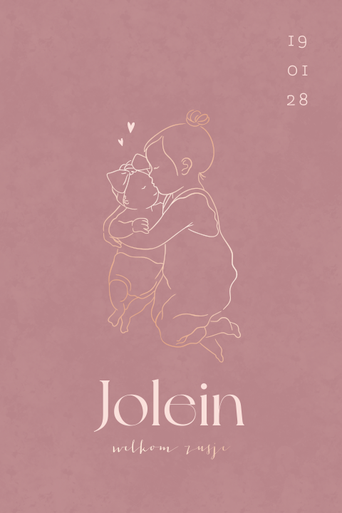 Geboortekaartje met lijntekening van baby zusje in roséfolie
