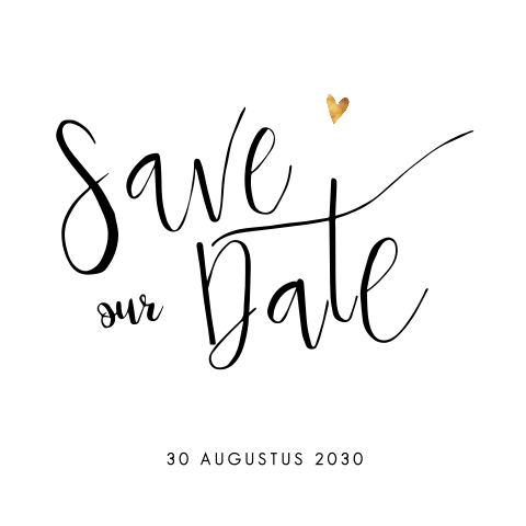 Hippe save the date kaart met chique typografie en gouden hartje