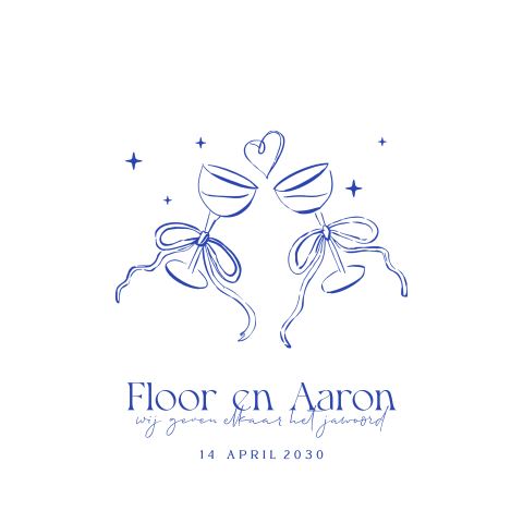 Vrolijke trouwkaart met blauwe illustraties